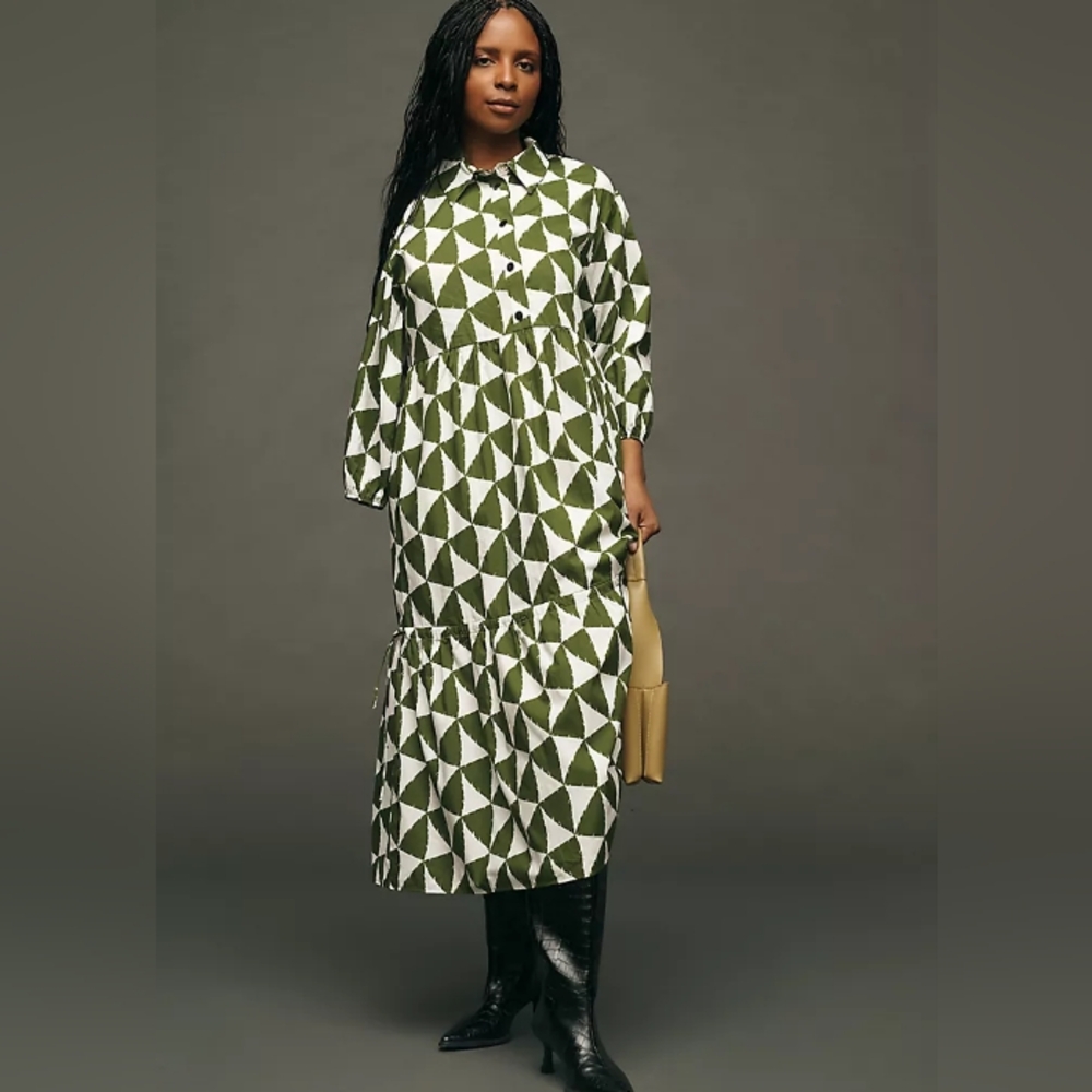 Bettina Tiered Maeve Anthropolgie Geometric Green and White Dress